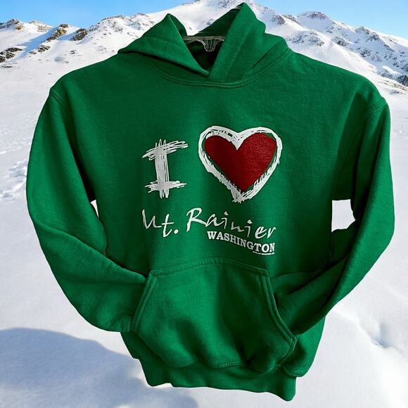 I Love Mount Rainier Bright Green Hoodie Sweatshirt With Front Pocket Kid Size M - Picture 5 of 9